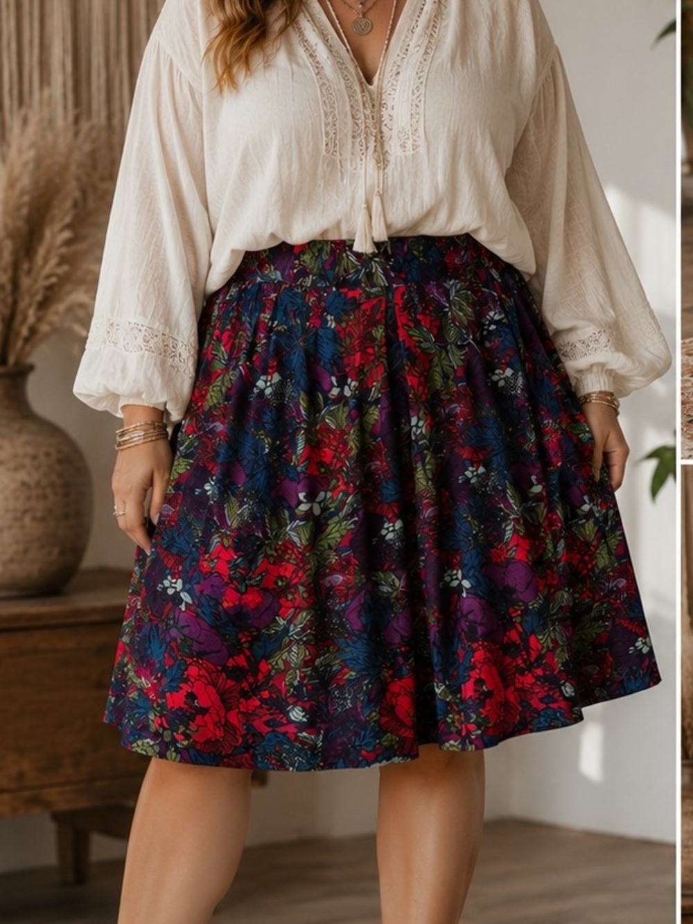 LuLaRoe Navy Floral Circle Skirt with Red & Purple Blooms